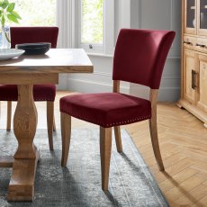 Rustic Oak Upholstered Chair -  Crimson Velvet Fabric  (Pair)