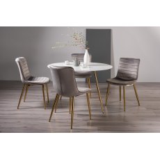 Francesca White Glass 4 seater Table & 4 Rothko Grey Velvet Chairs - Gold Legs