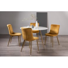 Francesca White Glass 4 Seater Table & 4 Rothko Mustard Velvet Chairs - Gold Legs