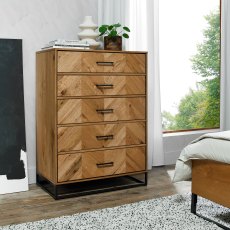 Riva Rustic Oak 5 Drawer Tall Chest - Grade A3 - Ref #0854