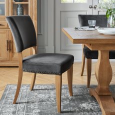 Rustic Oak Uph Chairs in Gun Metal Velvet Fabric (Single) - Grade A3 - Ref #0869