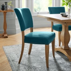 Rustic Oak Uph Chairs -  Sea Green Velvet Fabric (SINGLE) - Grade A3 - Ref #0870