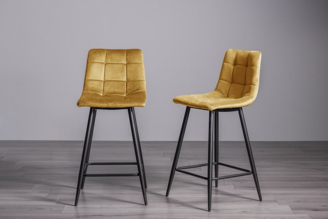 Gallery Collection Mondrian - Mustard Velvet Fabric Bar Stools with Black Legs (Pair)