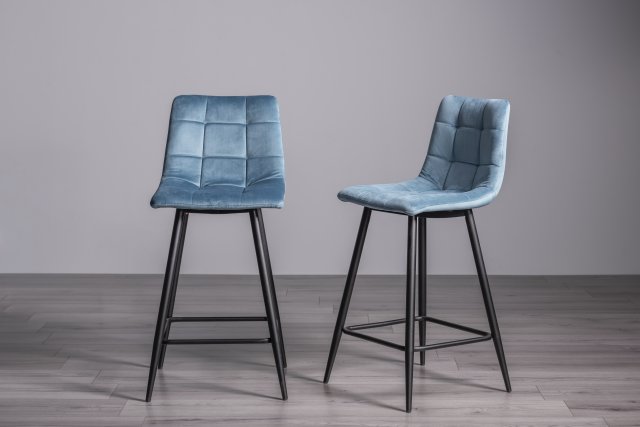 Gallery Collection Mondrian - Petrol Blue Velvet Fabric Bar Stools with Black Legs (Pair)