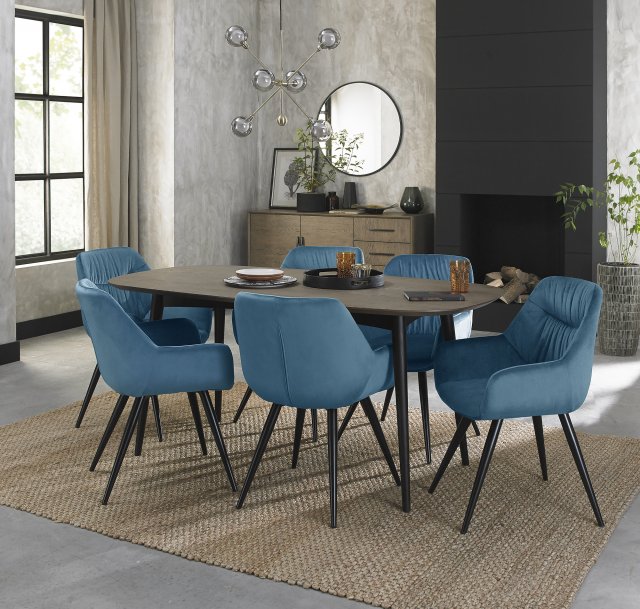 Gallery Collection Vintage Weathered Oak 6 Seater Table & 6 Dali Petrol Blue Velvet Chairs