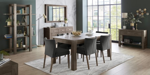 Bentley Designs Turin Dark Oak 6-8 Seater Dining Set & 6 Low Back Chairs- Gun Metal Velvet- feature