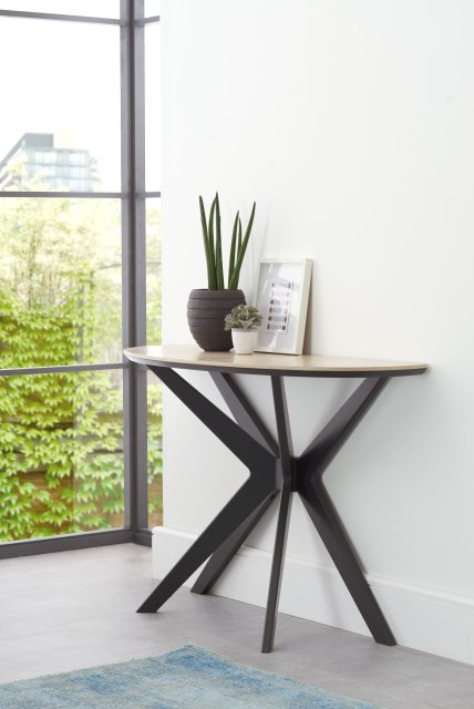 Premier Collection Brunel Chalk Oak & Gunmetal Semi Elliptical Console Table - Grade A3 - Ref #0781