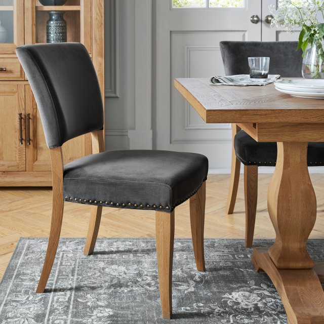 Signature Collection Rustic Oak Uph Chairs in Gun Metal Velvet Fabric (Single) - Grade A3 - Ref #0869